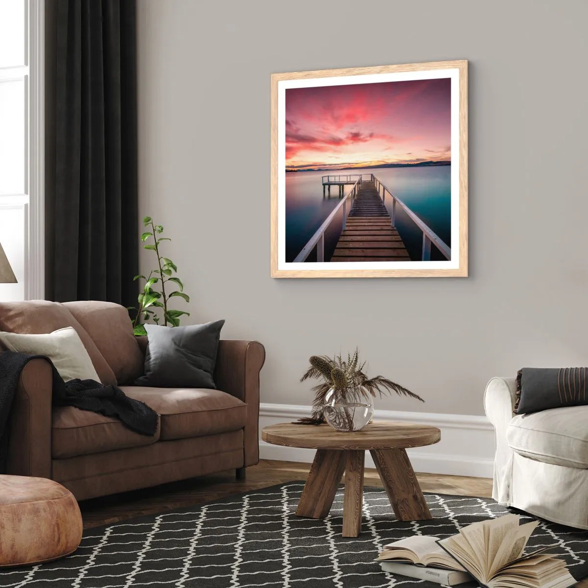 Een poster in een licht eiken lijst - De zachte vlam van de avond - 50x50 cm