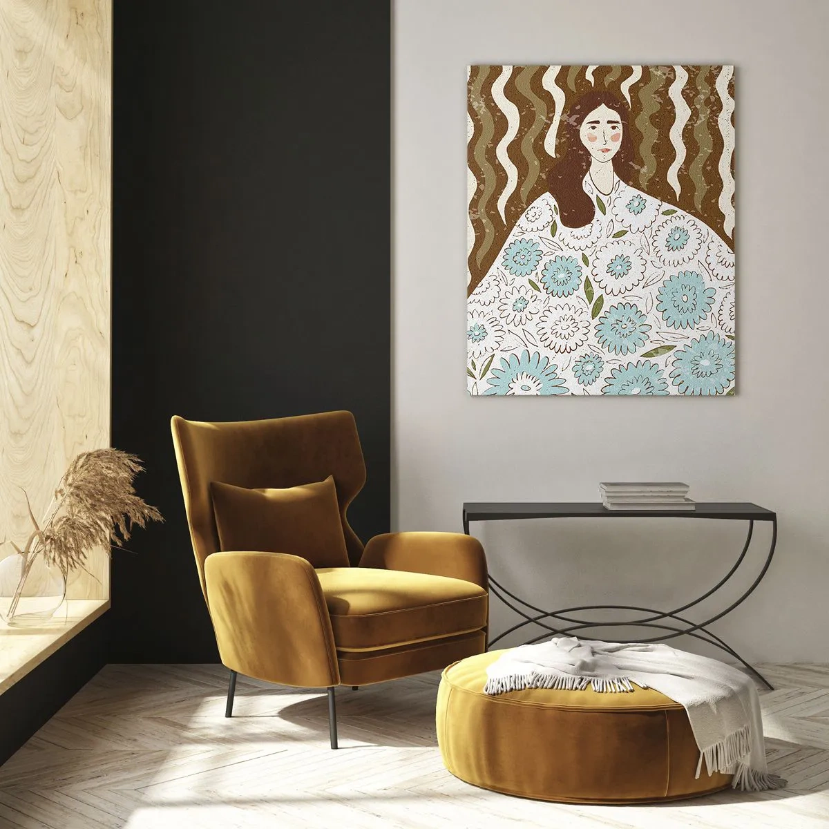 Schilderen op glas - Portret in een bloemengewaad - 80x120 cm