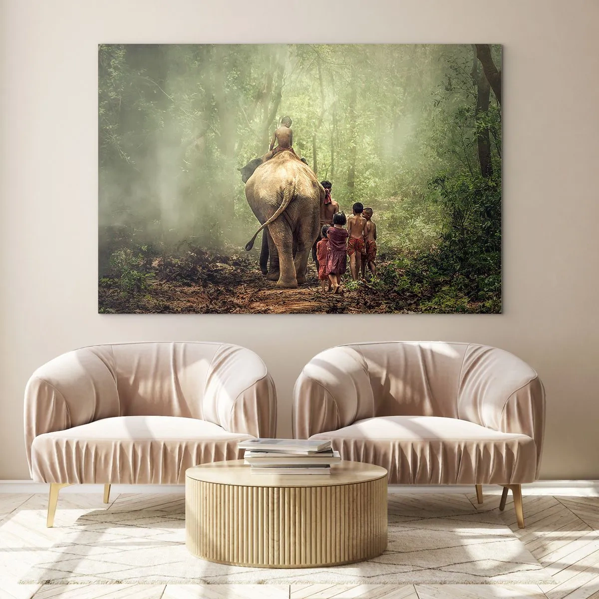 Schilderen op glas - Een olifant in het bos met kinderen in traditionele kostuums - 70x50cm - Nieuw Jungle Boek - Moderne wanddecoratie voor woonkamer en slaapkamer ARTTOR