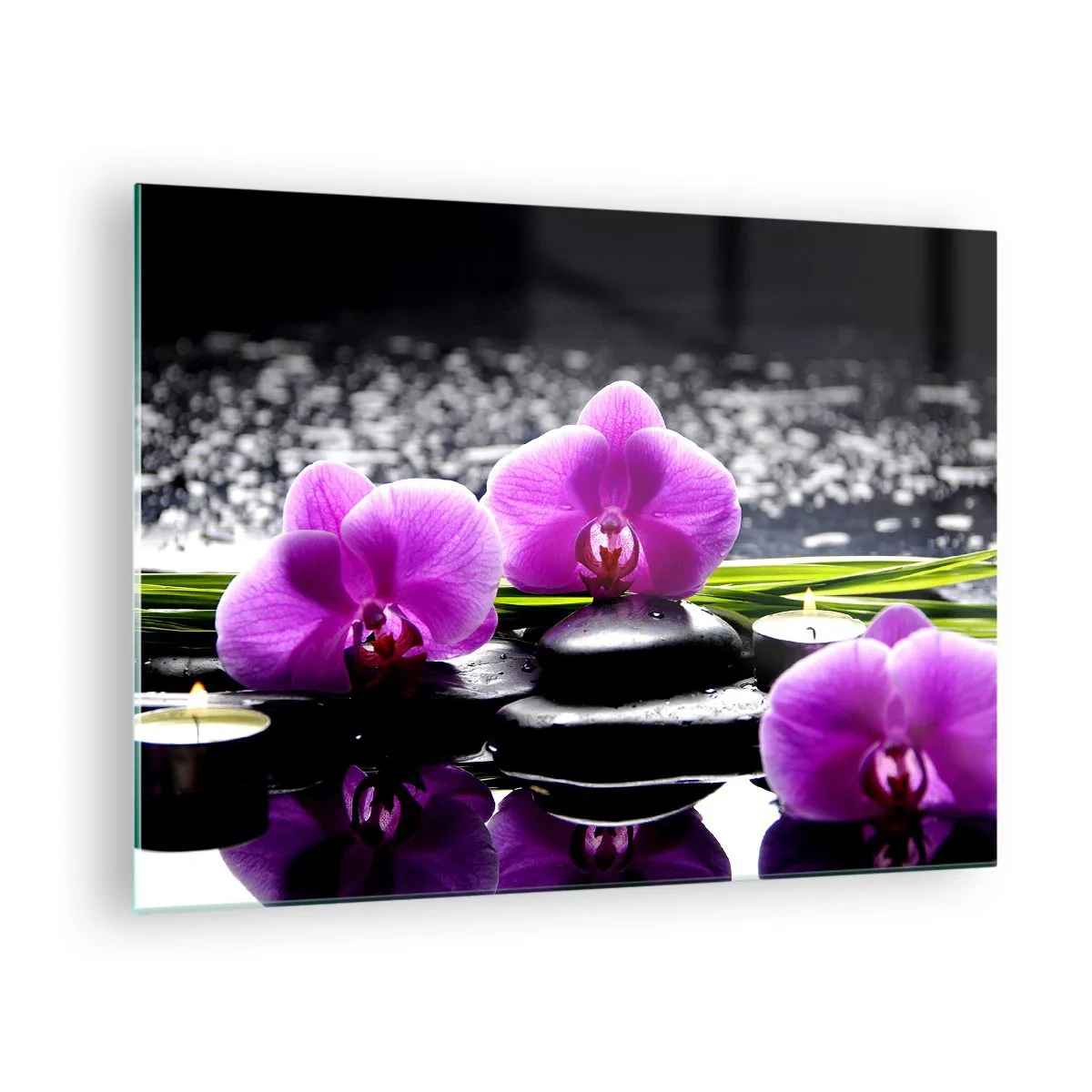 Schilderen op glas - Paarse orchideeën met stenen en kaarsen tegen een waterachtergrond - 70x50cm - Verdrinken in rust en stilte  - Moderne wanddecoratie voor woonkamer en slaapkamer ARTTOR