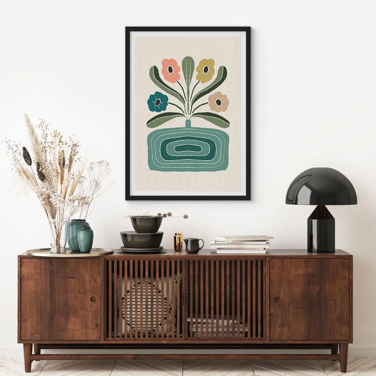 Poster in een zwarte lijst - Gestileerde bloemen in een grafische compositie - 50x70cm - Symmetrisch boeket - Moderne wanddecoratie voor woonkamer en slaapkamer ARTTOR