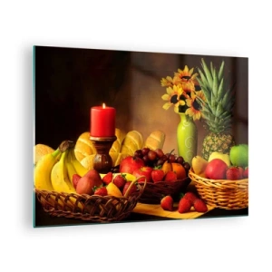 Schilderen op glas - Een compositie van fruit, brood en een kaars in rustieke stijl - 70x50cm - Stilleven met brood en fruit - Moderne wanddecoratie voor woonkamer en slaapkamer ARTTOR