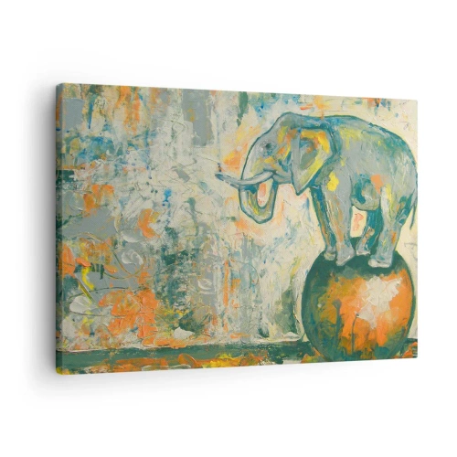 Schilderen op canvas - Een olifant die op een bal balanceert in een artistieke stijl - 70x50cm - Lang leve het circus! - Moderne wanddecoratie voor woonkamer en slaapkamer ARTTOR