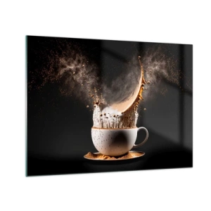 Schilderen op glas - Koffie met melk spatten in een dynamische opname - 70x50cm - Een explosie van smaak - Moderne wanddecoratie voor woonkamer en slaapkamer ARTTOR