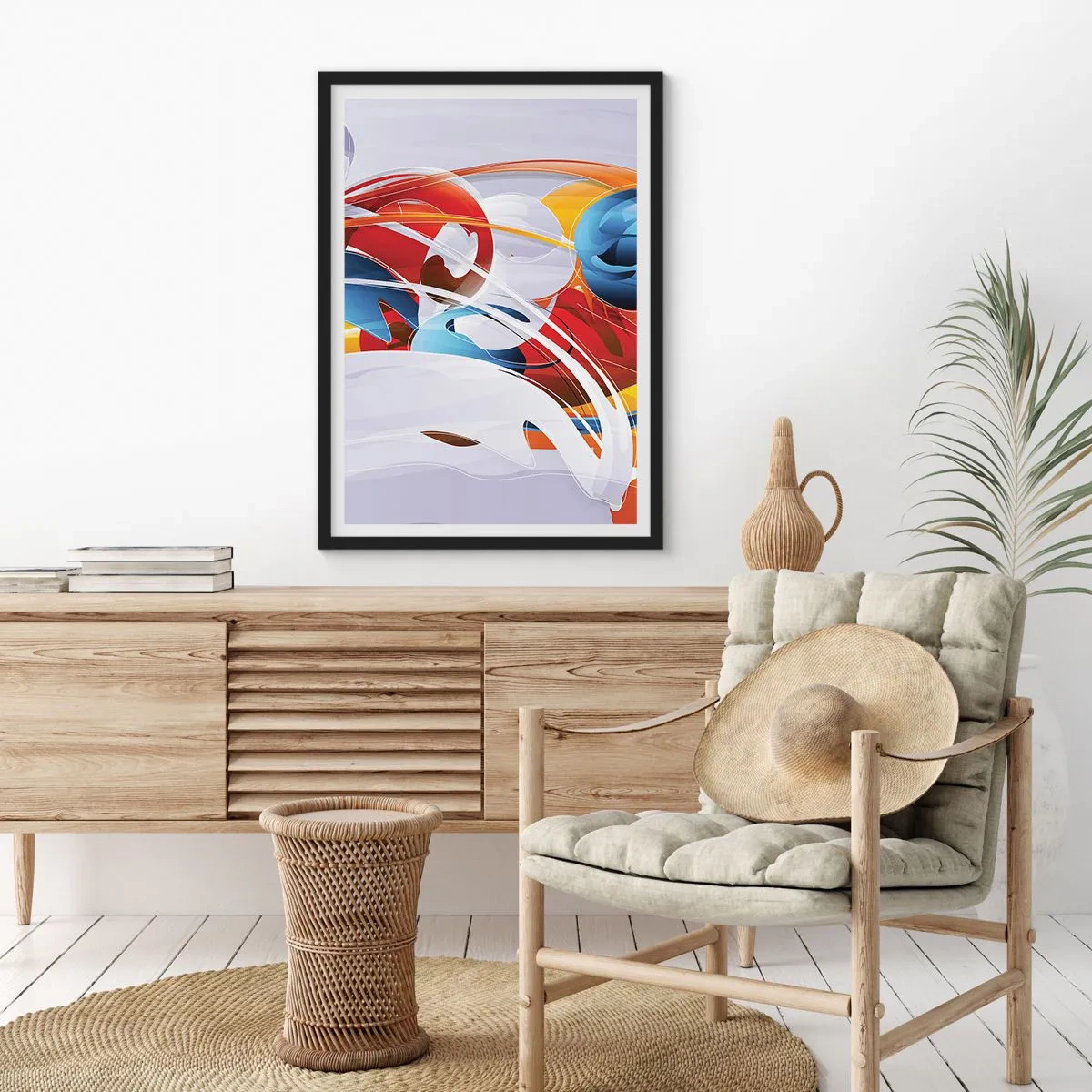 Poster in een zwarte lijst - Kleurrijke abstractie met dynamische vormen - 50x70cm - De dans van de elementen - Moderne wanddecoratie voor woonkamer en slaapkamer ARTTOR