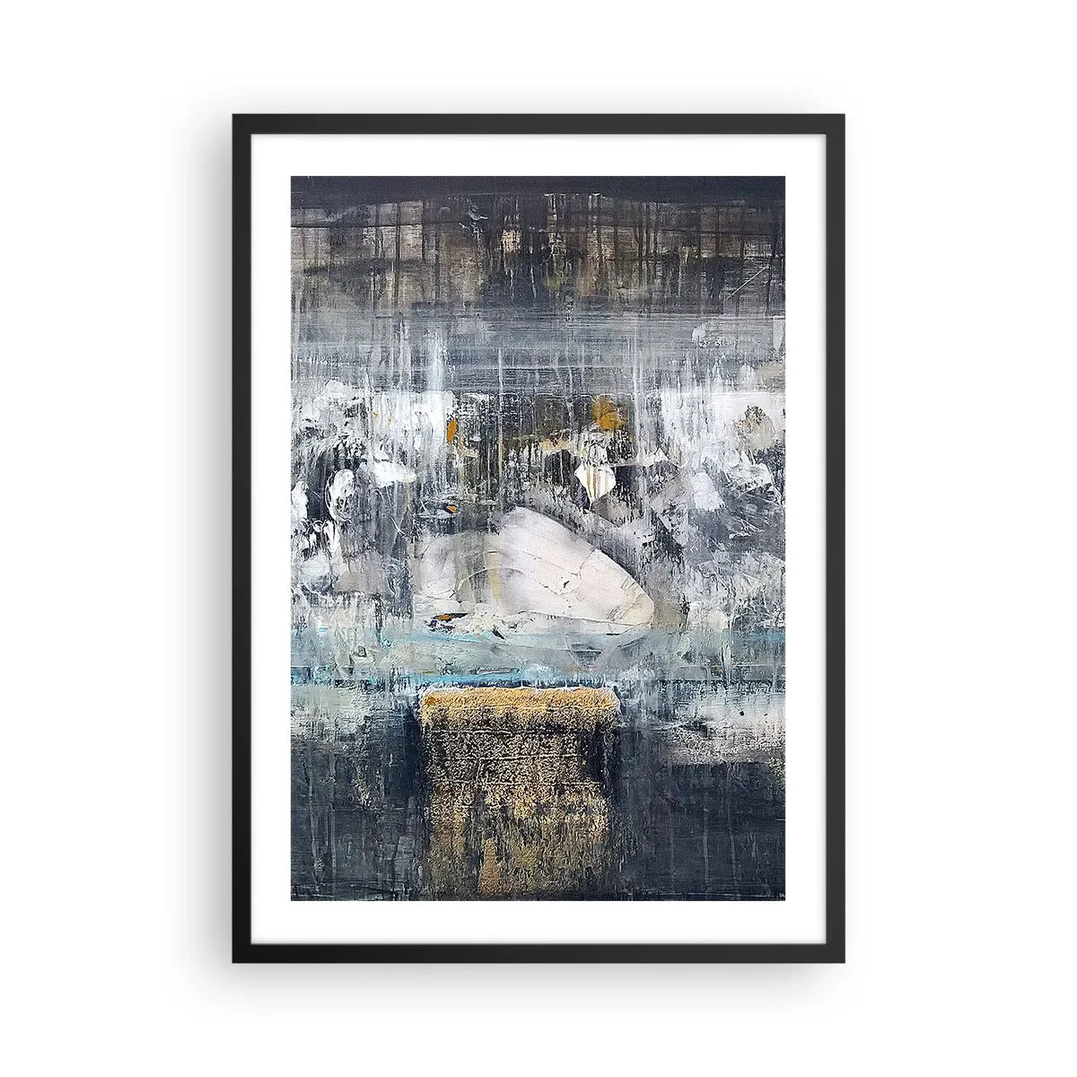 Poster in een zwarte lijst - Een abstracte compositie in tinten grijs en goud. - 50x70cm - Als op ijs, als zo moeizaam - Moderne wanddecoratie voor woonkamer en slaapkamer ARTTOR