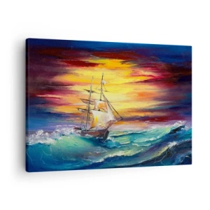 Schilderen op canvas - Een zeilschip tegen de achtergrond van een kleurrijke zonsondergang - 70x50cm - Dapper onder de golven - Moderne wanddecoratie voor woonkamer en slaapkamer ARTTOR