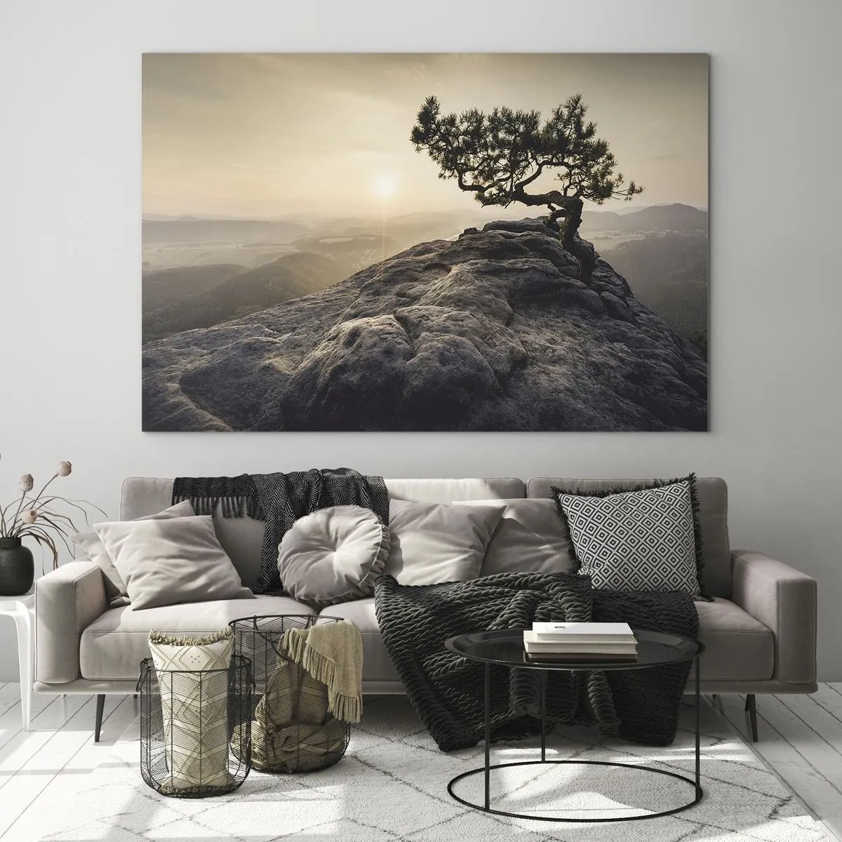 Schilderen op glas - Een boom op een rots in het licht van de opkomende zon - 70x50cm - Het leven wint altijd - Moderne wanddecoratie voor woonkamer en slaapkamer ARTTOR