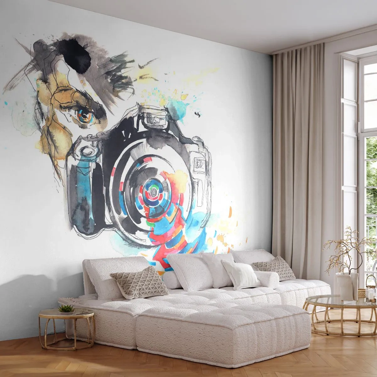 Zelfklevend Fotobehang Deluxe Sticker - In het oog van de lens - Abstractie, Camera, Fotograaf - 250x175 cm
