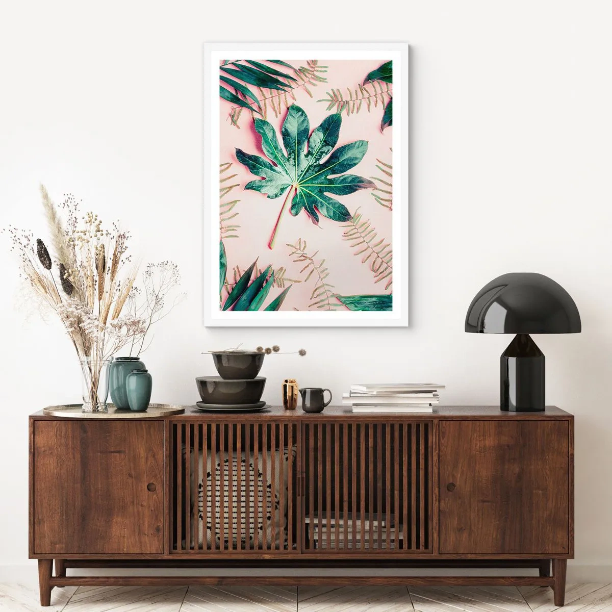 Poster in een witte lijst - Een studie van groen op een roze achtergrond - 70x100 cm