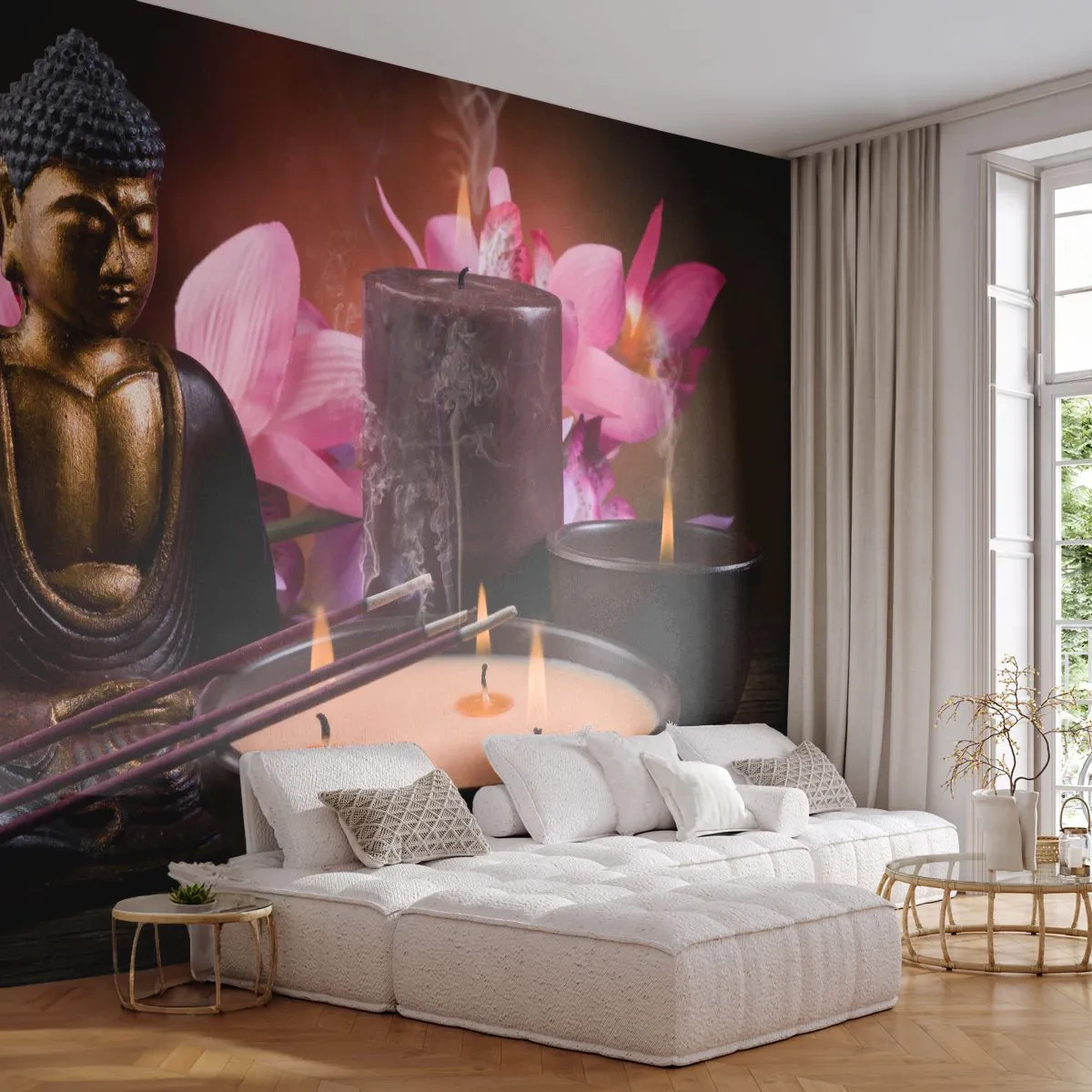 Zelfklevend Fotobehang Deluxe Sticker - Maak de geest leeg, kalmeer het lichaam - Boeddha, Religie, Bloemen - 250x175 cm