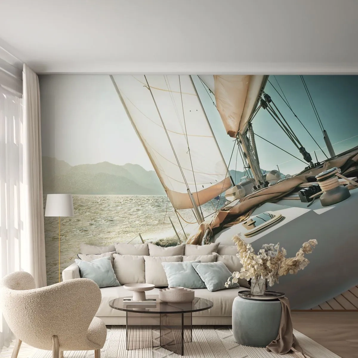 Fotobehang Premium Sand - Onder vol zeil - Jacht, het zeilen, Zee - 150x105 cm