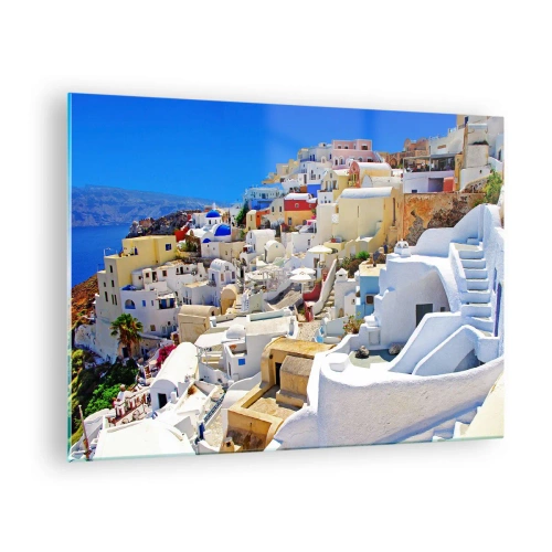 Schilderen op glas - Santorini met witte huizen tegen een blauwe lucht - 70x50cm - De droom van een Griekse zomer - Moderne wanddecoratie voor woonkamer en slaapkamer ARTTOR