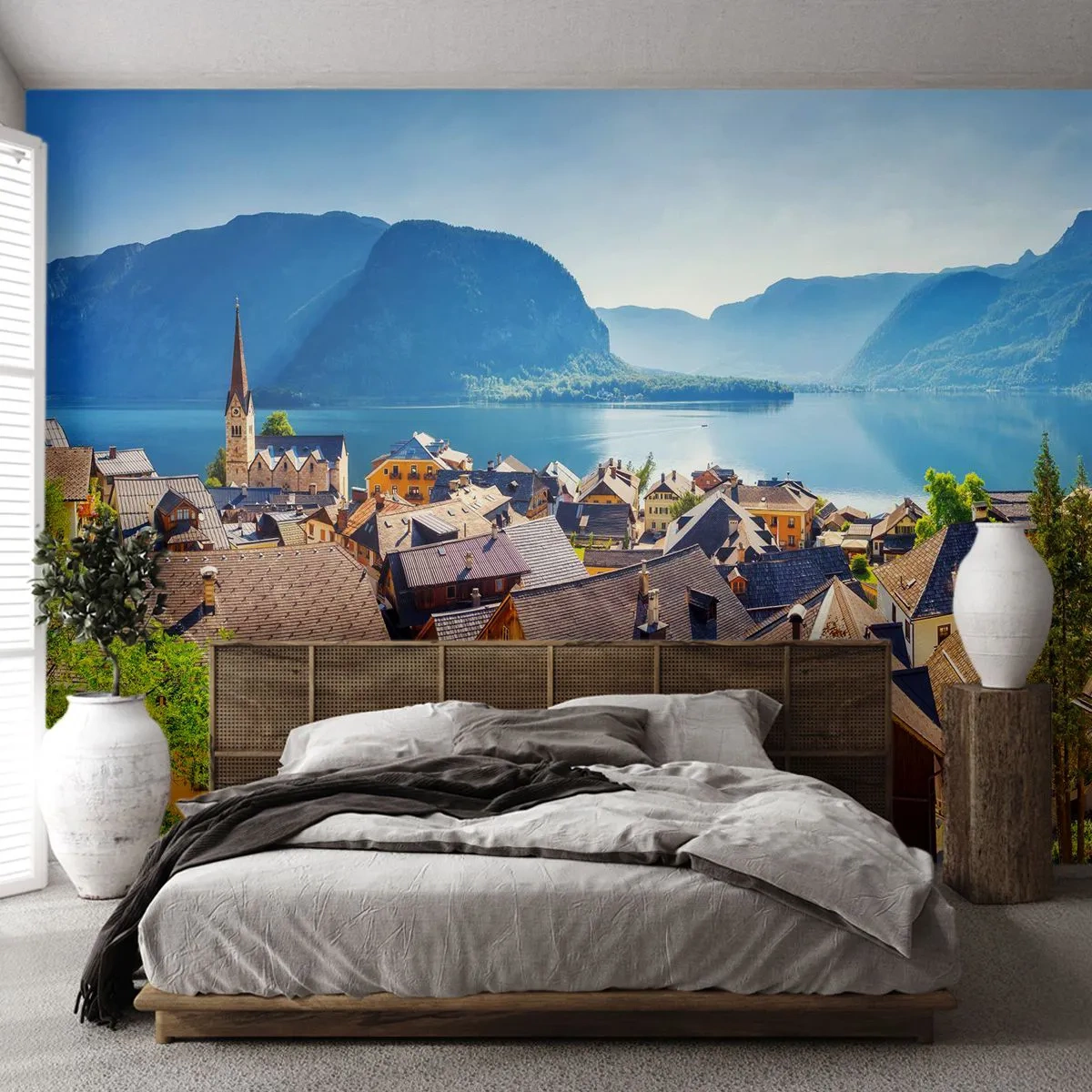 Fotobehang Premium Sand - Het kan niet meer schilderachtiger zijn - Landschap, Stad, Oostenrijk - 100x70 cm