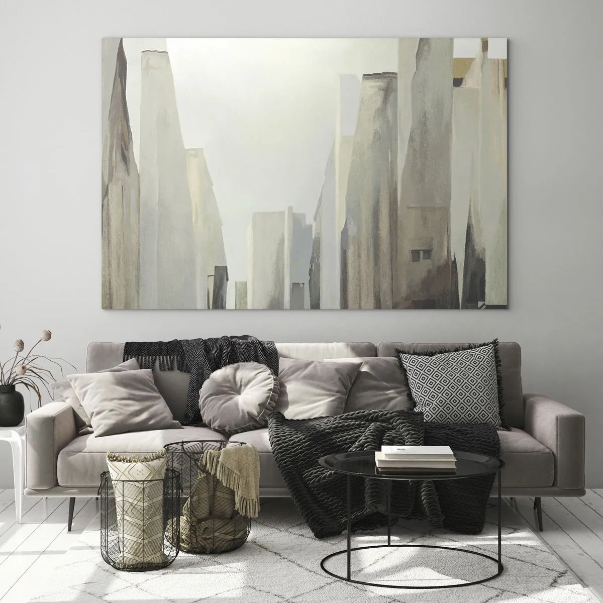Schilderen op glas - Een abstracte visie op stedelijke gebouwen in een gedempt kleurenpalet - 70x50cm - Droom over de stad - Moderne wanddecoratie voor woonkamer en slaapkamer ARTTOR