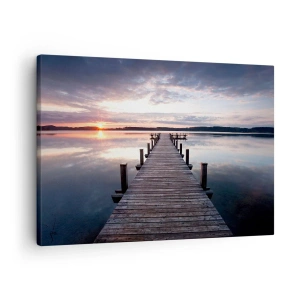 Schilderen op canvas - Een pier op een meer bij zonsondergang in een vredig landschap - 70x50cm - Een rustige grens tussen dag en nacht - Moderne wanddecoratie voor woonkamer en slaapkamer ARTTOR