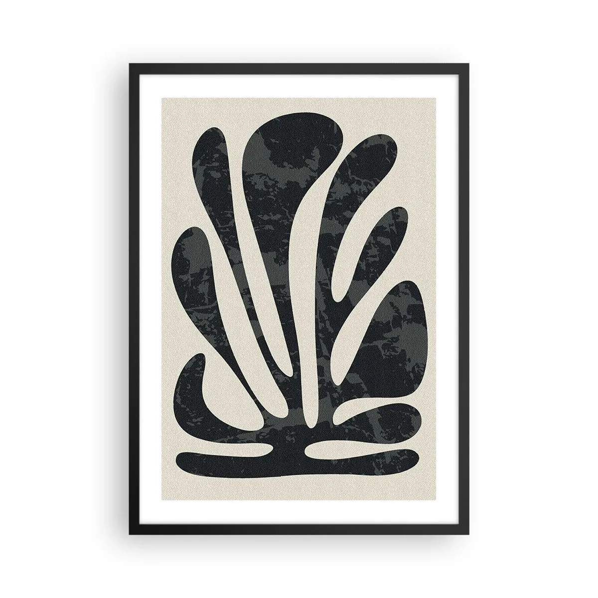 Poster in een zwarte lijst - Abstracte zwarte plantenvorm op een beige achtergrond - 50x70cm - Meervingerige abstractie - Moderne wanddecoratie voor woonkamer en slaapkamer ARTTOR