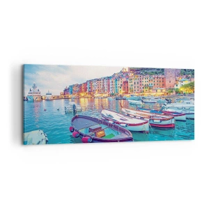 Schilderen op canvas - Kleurrijke avond in de haven - 120x50 cm