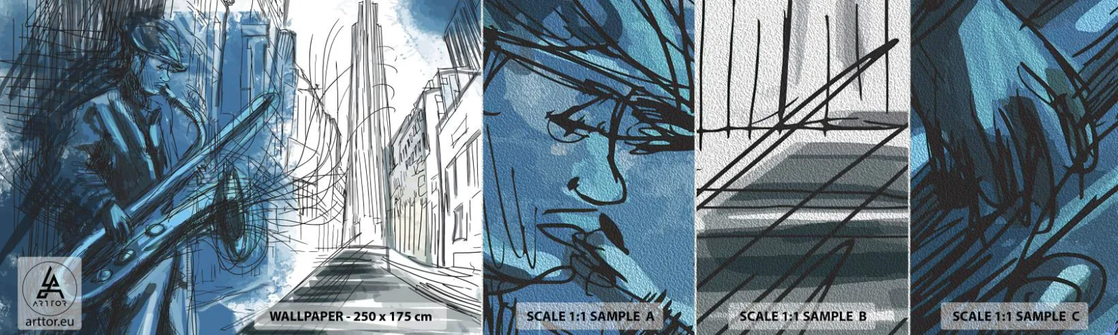 Fotobehang Monster Premium Sand - Stedelijke Rapsodie - Saxofoon, Jazz, Muziek - 100x30 cm