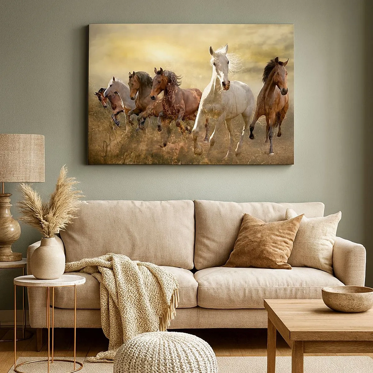 Schilderen op canvas - Een groep galopperende paarden tegen de achtergrond van de ondergaande zon - 70x50cm - Lang leve de vrijheid! - Moderne wanddecoratie voor woonkamer en slaapkamer ARTTOR