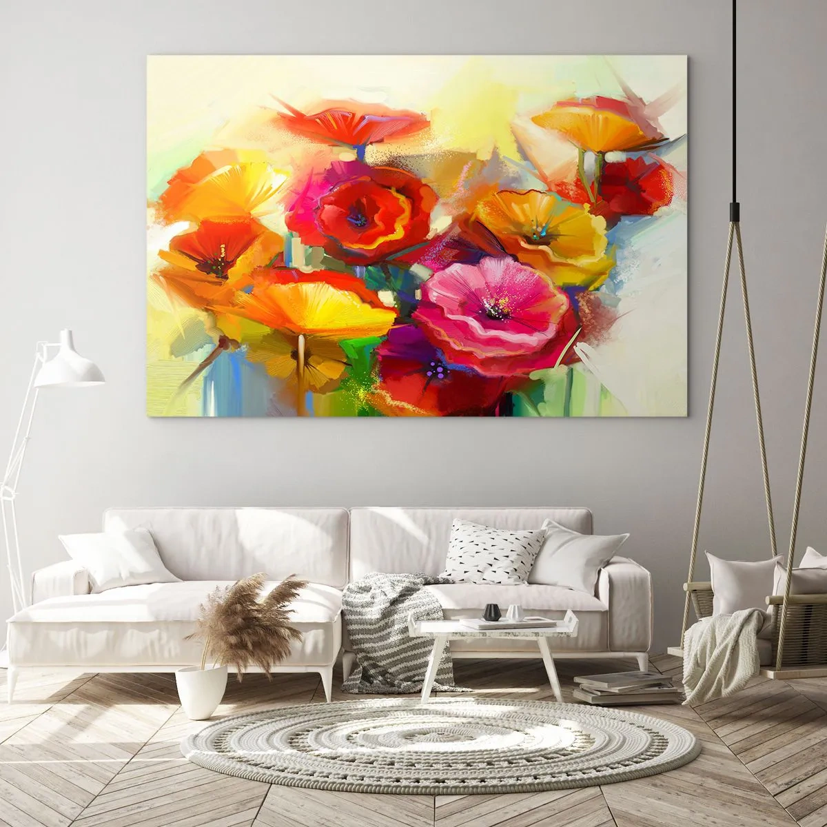 Schilderen op glas - Kleurrijke klaprozen in levendige kleuren - 70x50cm - Niet alleen rood - Moderne wanddecoratie voor woonkamer en slaapkamer ARTTOR