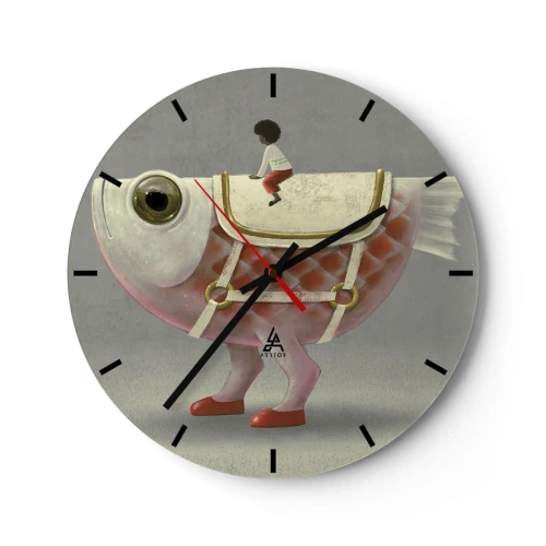 Wandklok - Klok - Een figuur op een grote vis met een zadel en laarzen op een grijze achtergrond - 30x30cm - Ruiter op een surrealistische vis - Moderne wanddecoratie voor woonkamer, keuken en slaapkamer ARTTOR