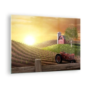 Schilderen op glas - Zonsondergang boven een boerderij met een veld en een tractor - 70x50cm - Een boerderij als uit een sprookje - Moderne wanddecoratie voor woonkamer en slaapkamer ARTTOR