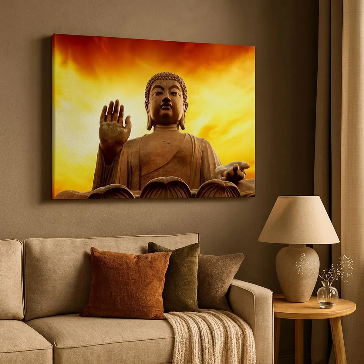 Schilderen op canvas - Een Boeddhabeeld tegen een gouden zonsonderganghemel - 70x50cm - Vrede van de wereld - Moderne wanddecoratie voor woonkamer en slaapkamer ARTTOR
