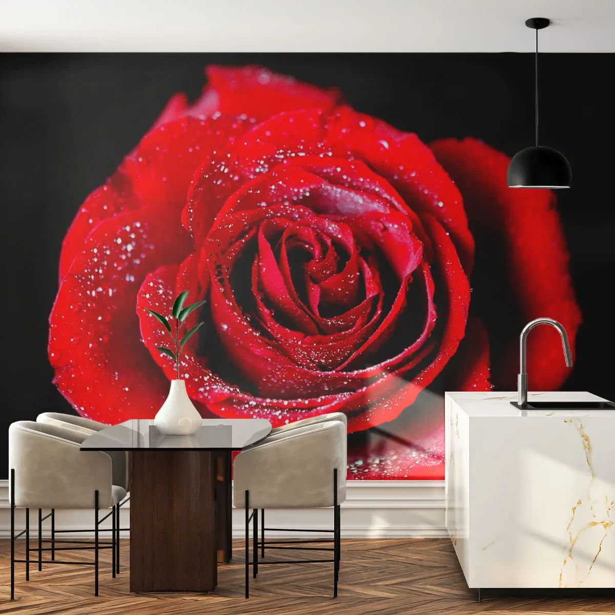 Fotobehang Standard Eco - Dit is liefde - Bloemen, Rode roos, Rozenblaadjes - 450x315 cm