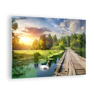 Schilderen op glas - Houten steiger over een meer met een zwaan bij zonsondergang - 70x50cm - Zomer, zomer overal - Moderne wanddecoratie voor woonkamer en slaapkamer ARTTOR
