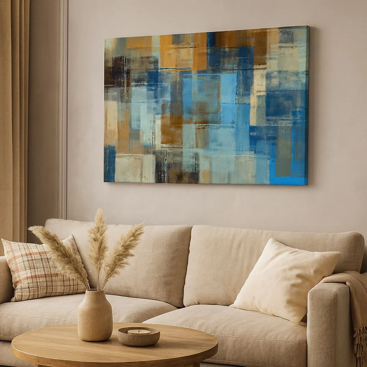Schilderen op canvas - Abstracte geometrische compositie in tinten blauw en bruin - 70x50cm - Door de blauwe sluier - Moderne wanddecoratie voor woonkamer en slaapkamer ARTTOR