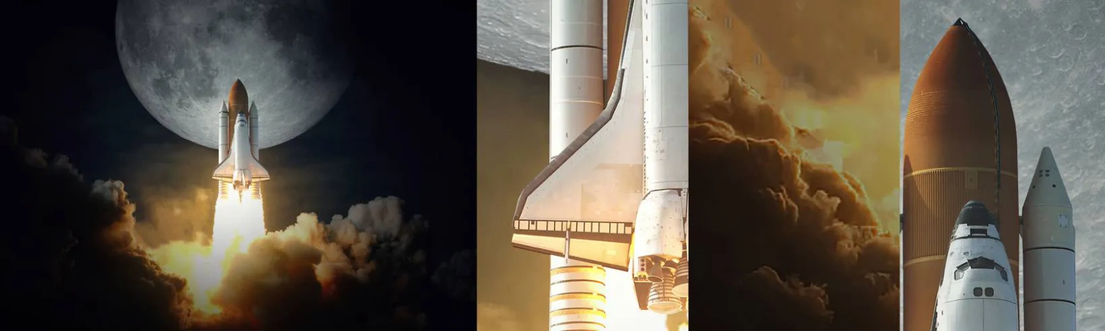 Fotobehang Staaltje Standard Eco - Het begin van een onaards avontuur - Maan, Een ruimteraket, NASA - 100x30 cm