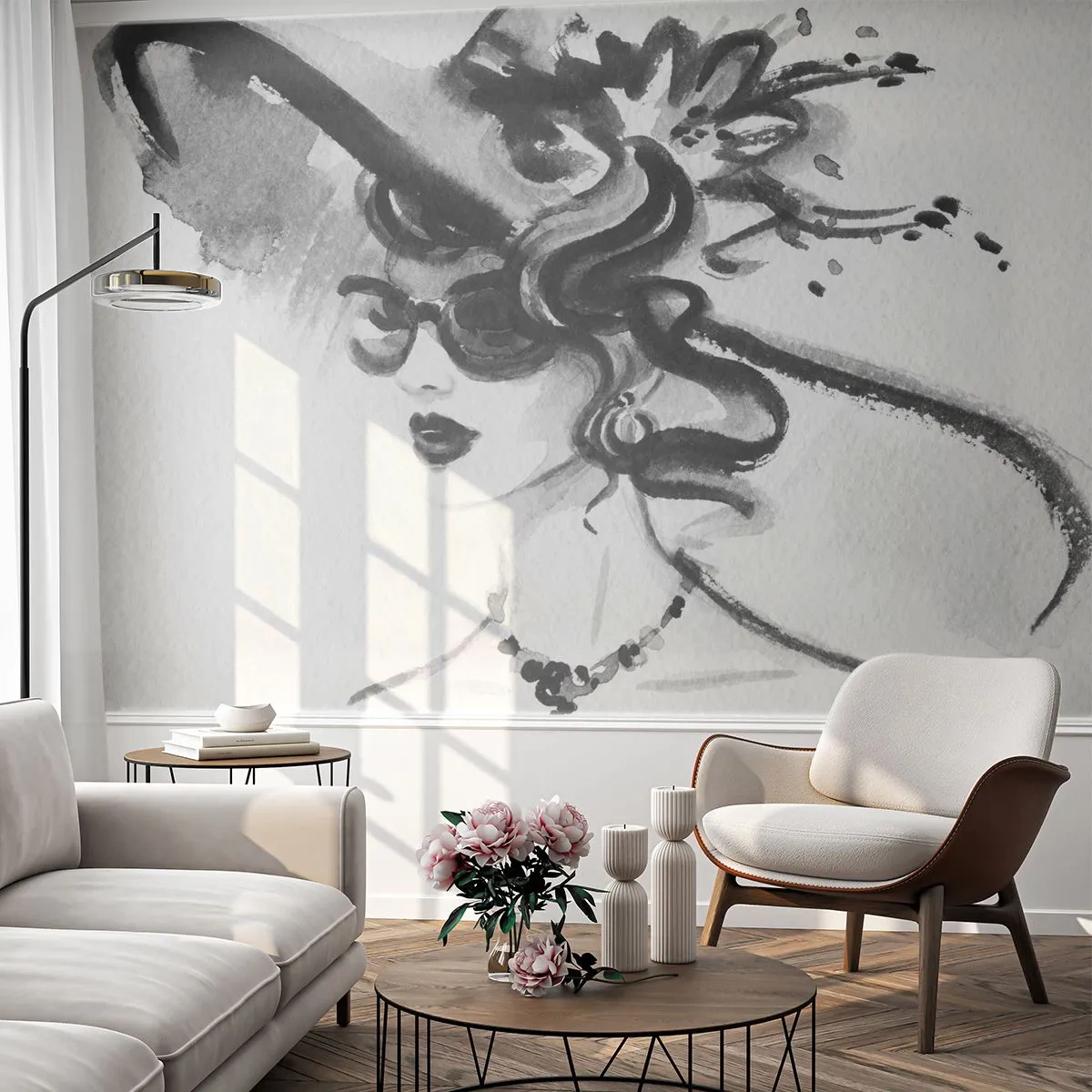 Zelfklevend Fotobehang Deluxe Sticker - Een dame met karakter - Vrouw In Een Hoed, Het gezicht van de vrouw, Zwart en wit - 250x175 cm