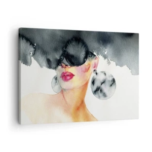 Schilderen op canvas - Een vrouw met een stijlvolle bril en grote oorbellen - 70x50cm - Het geheim van elegantie - Moderne wanddecoratie voor woonkamer en slaapkamer ARTTOR