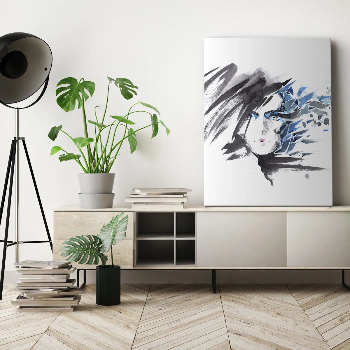 Schilderen op canvas - Sensueel portret in grijs en blauw - 55x100 cm