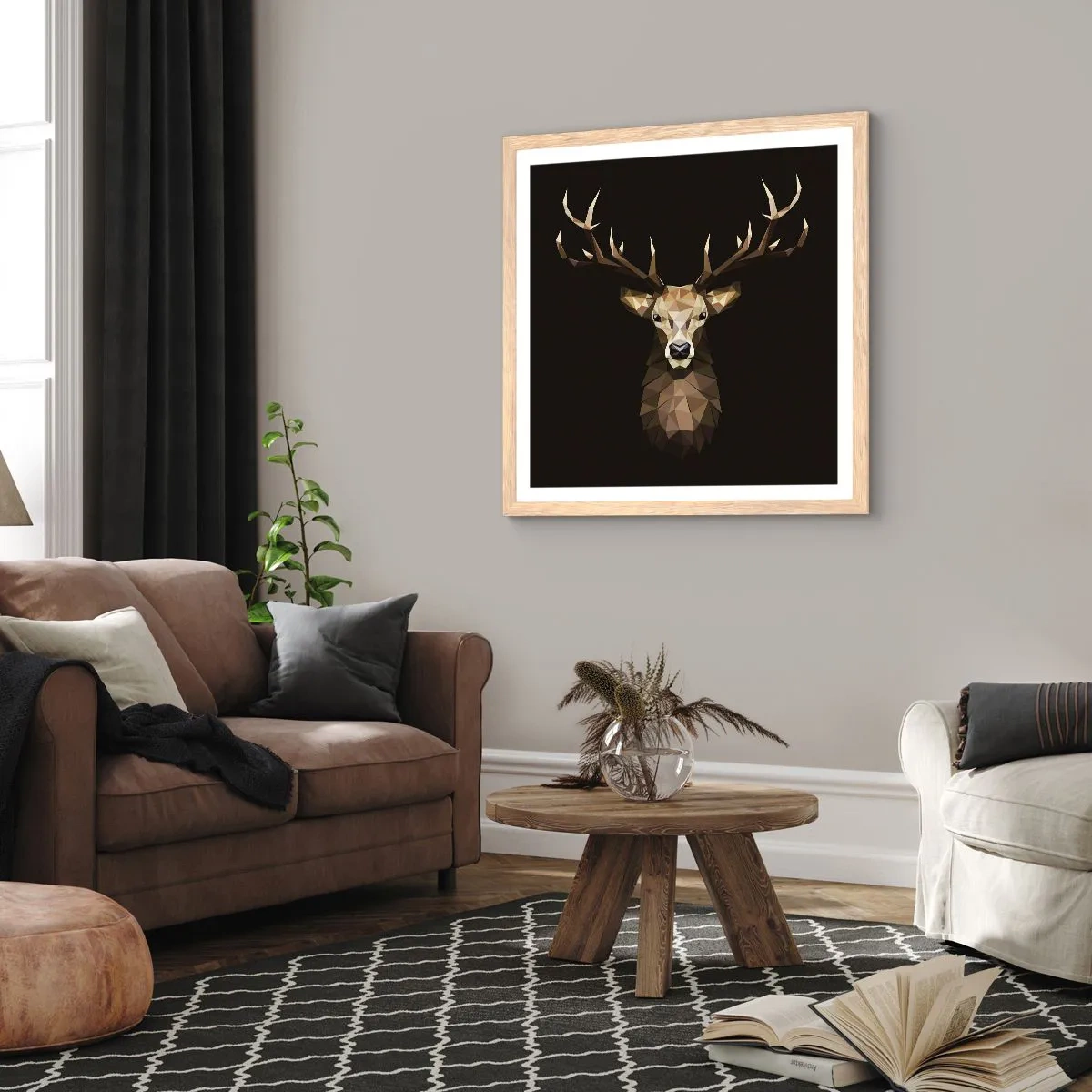 Een poster in een licht eiken lijst - Kubistische herten - 60x60 cm