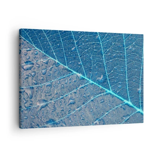 Schilderen op canvas - Een blad in tinten blauw met waterdruppels - 70x50cm - Leven in blauw - Moderne wanddecoratie voor woonkamer en slaapkamer ARTTOR