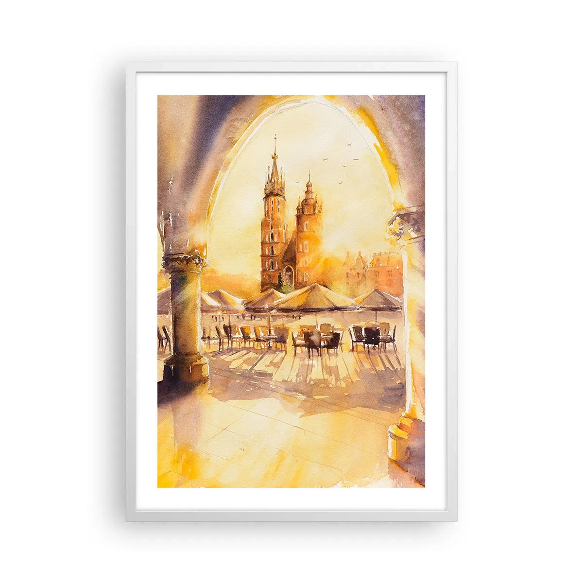 Poster in een witte lijst - Zonsopgang boven het marktplein van Krakau - 50x70 cm