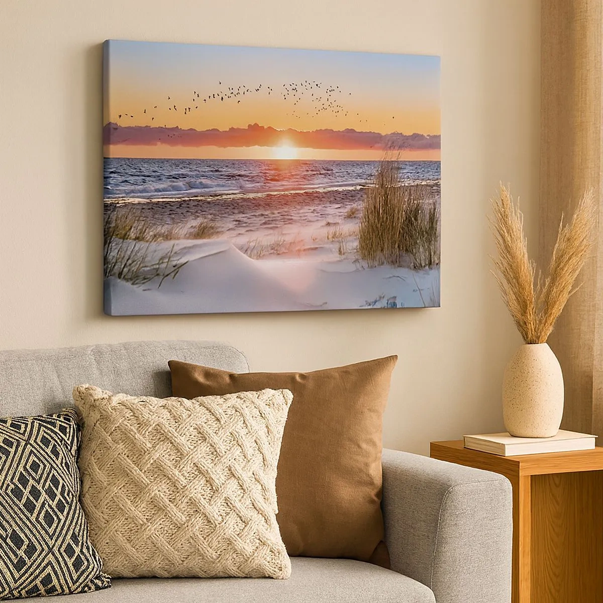 Schilderen op canvas - Zonsondergang boven de zee met uitzicht op de duinen - 70x50cm - Horizontaal landschap - Moderne wanddecoratie voor woonkamer en slaapkamer ARTTOR
