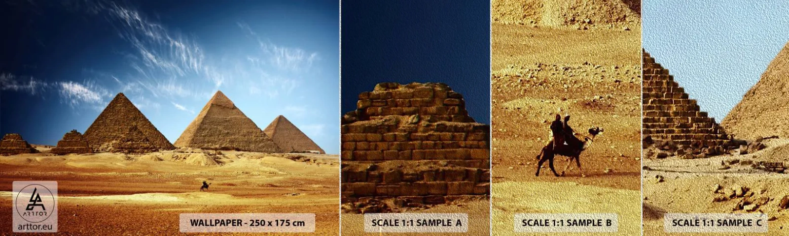 Fotobehang Monster Premium Sand - 40 eeuwen kijken naar je - Piramides, Architectuur, Landschap - 100x30 cm