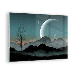 Schilderen op glas - Manen boven bergen met een eenzame boom en sterren - 70x50cm - Carneval in Sterrennacht  - Moderne wanddecoratie voor woonkamer en slaapkamer ARTTOR