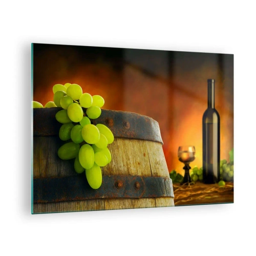 Schilderen op glas - Druiven op een vat in een rustieke omgeving met wijn op de achtergrond - 70x50cm - Stilleven met een fles wijn en een tros druiven - Moderne wanddecoratie voor woonkamer en slaapkamer ARTTOR