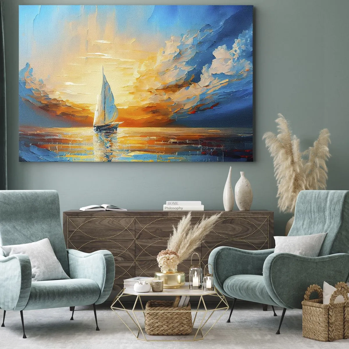 Schilderen op canvas - Een zeilboot tegen de achtergrond van de ondergaande zon en kleurrijke wolken - 70x50cm - Zeilen in goud - Moderne wanddecoratie voor woonkamer en slaapkamer ARTTOR