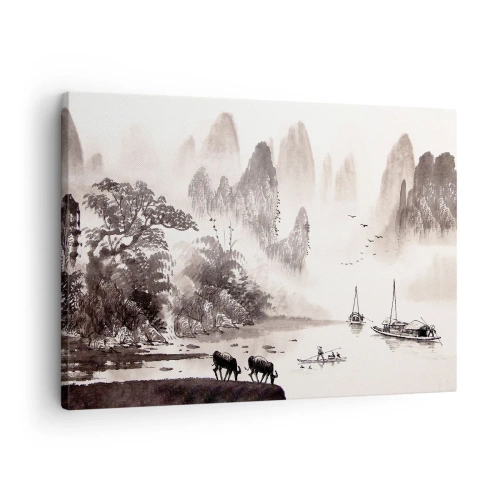 Schilderen op canvas - Een schilderachtig Aziatisch landschap met mistige bergen - 70x50cm - Het exotische alledaagse leven van het Oosten - Moderne wanddecoratie voor woonkamer en slaapkamer ARTTOR