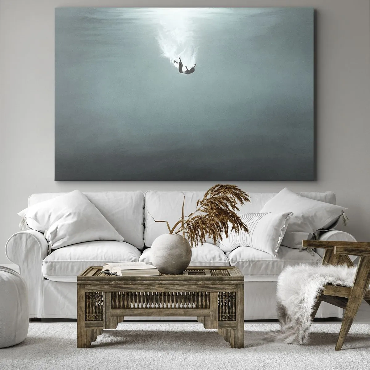 Schilderen op canvas - Een figuur ondergedompeld in diep, turquoise water - 70x50cm - In de armen van de oceaan - Moderne wanddecoratie voor woonkamer en slaapkamer ARTTOR