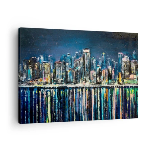 Schilderen op canvas - Panorama van de nachtelijke stad weerspiegeld in het water - 70x50cm - Cascade van lichten - Moderne wanddecoratie voor woonkamer en slaapkamer ARTTOR