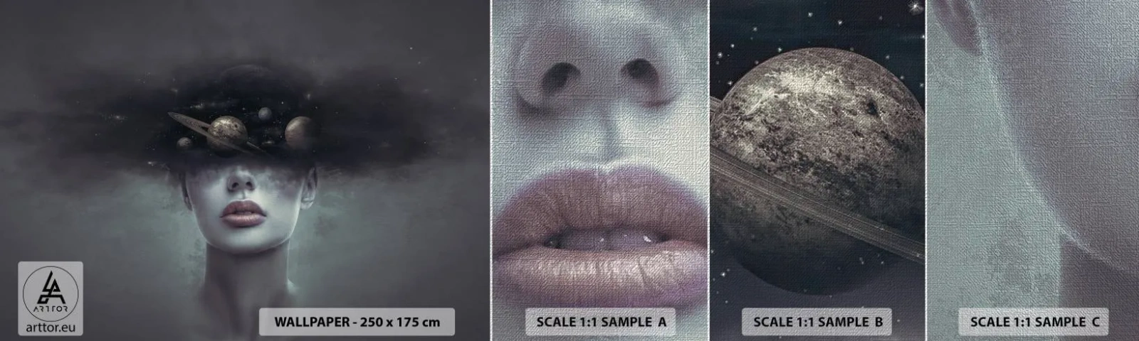 Fotobehang Monster Premium Canvas - En de planeten worden gek... - Abstractie, Het gezicht van de vrouw, Kosmos - 100x30 cm