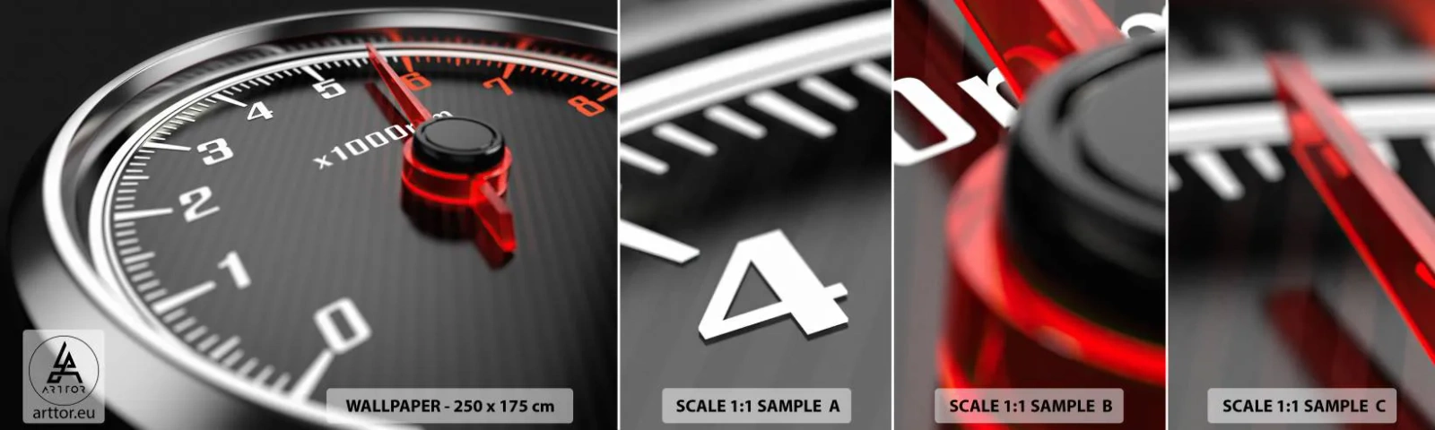 Fotobehang Staaltje Standard Eco - Geef vol gas - Automobiel, Snelheidsmeter, 3D - 100x30 cm