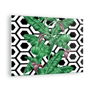 Schilderen op glas - Tropische bladeren en bloemen tegen een zwart-witte geometrische achtergrond - 70x50cm - Van nature een symmetrische compositie - Moderne wanddecoratie voor woonkamer en slaapkamer ARTTOR
