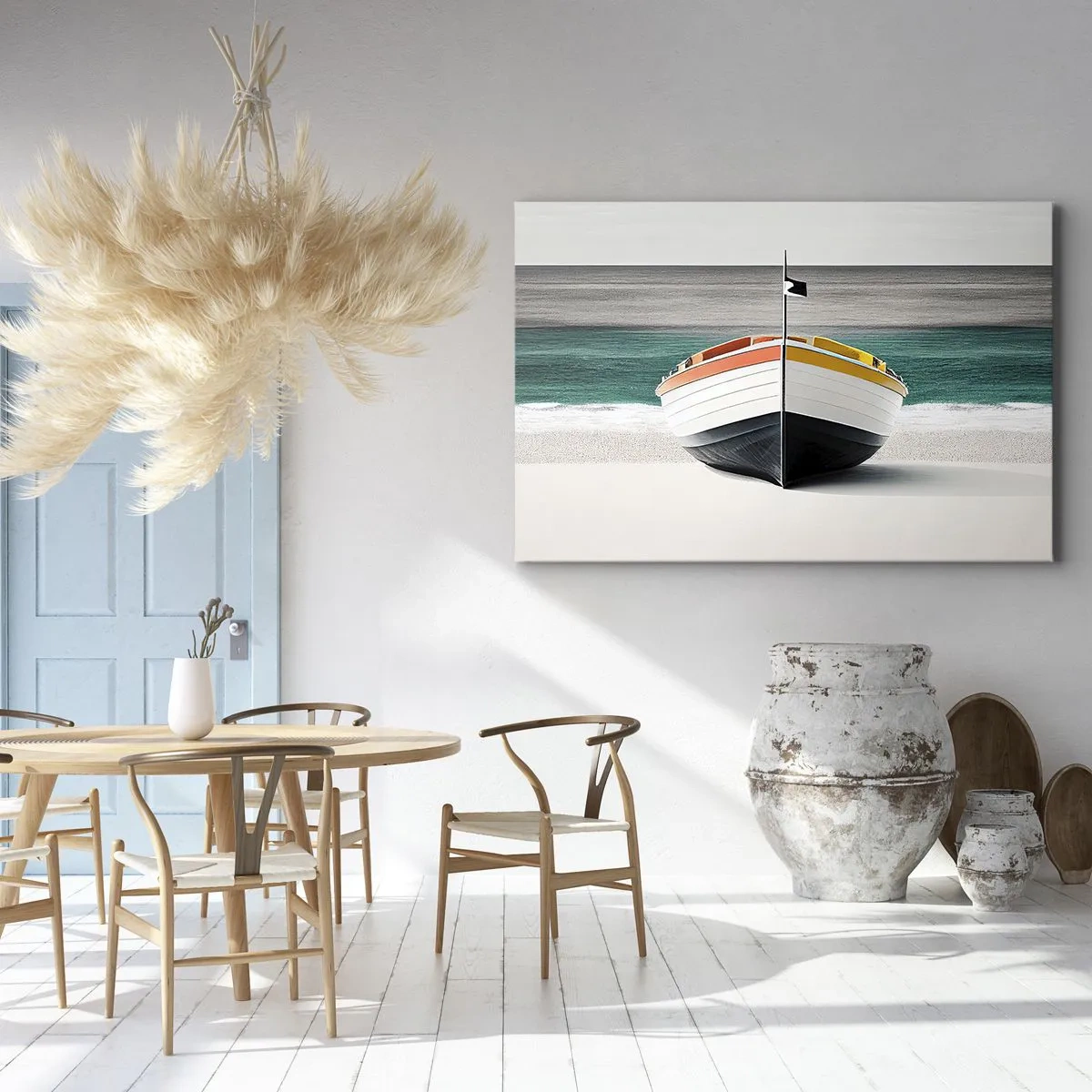 Schilderen op canvas - Een boot op het strand met een turquoise zee op de achtergrond - 70x50cm - Op zijn plaats - Moderne wanddecoratie voor woonkamer en slaapkamer ARTTOR